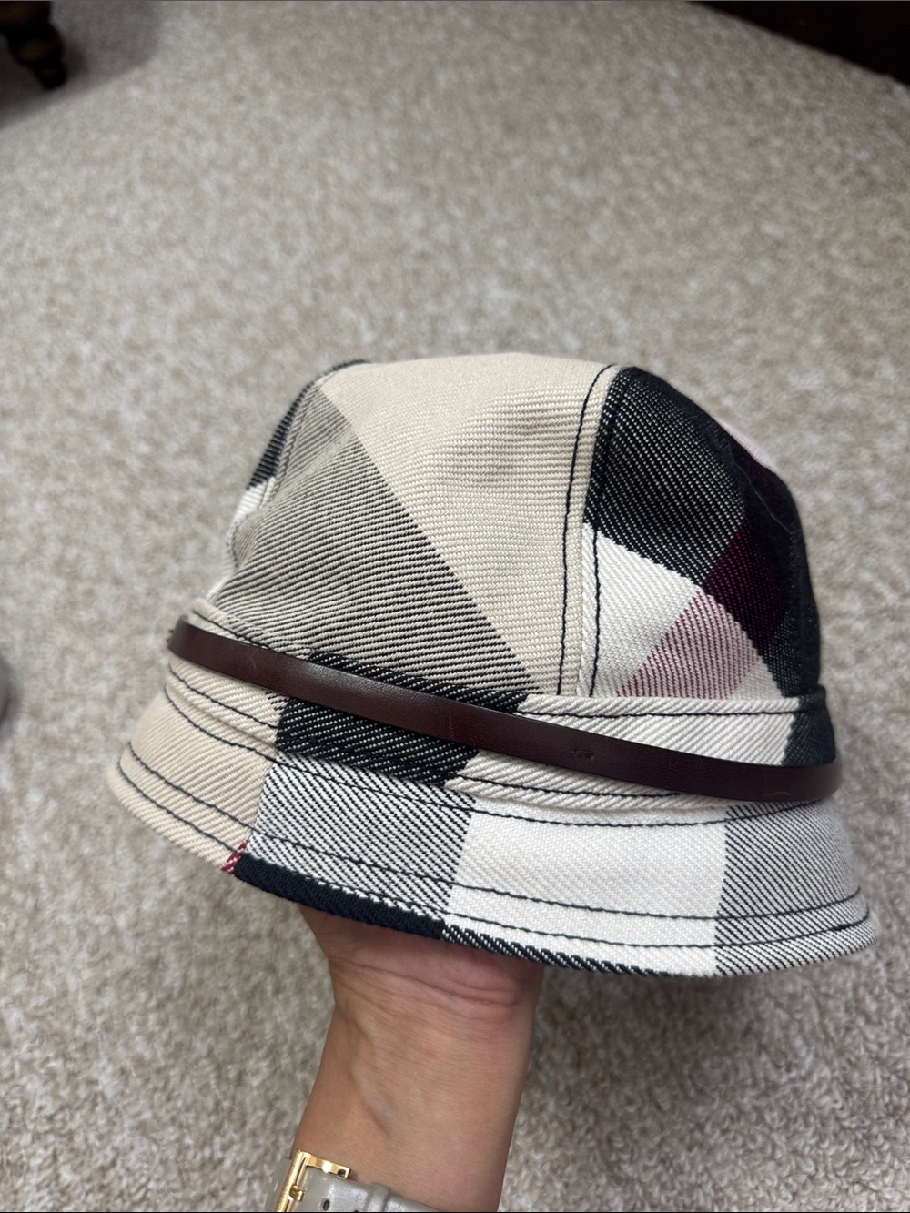 Burberry Beige Black White Plaid Bucket Hat with Brown Band (As Is)
